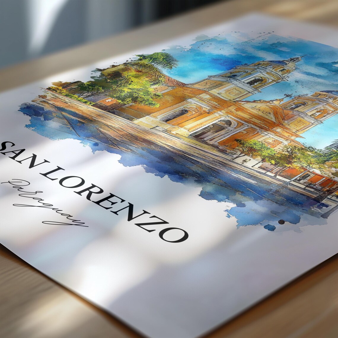 San Lorenzo Paraguay Watercolor Cathedral Twin Towers Travel Poster - Image 6