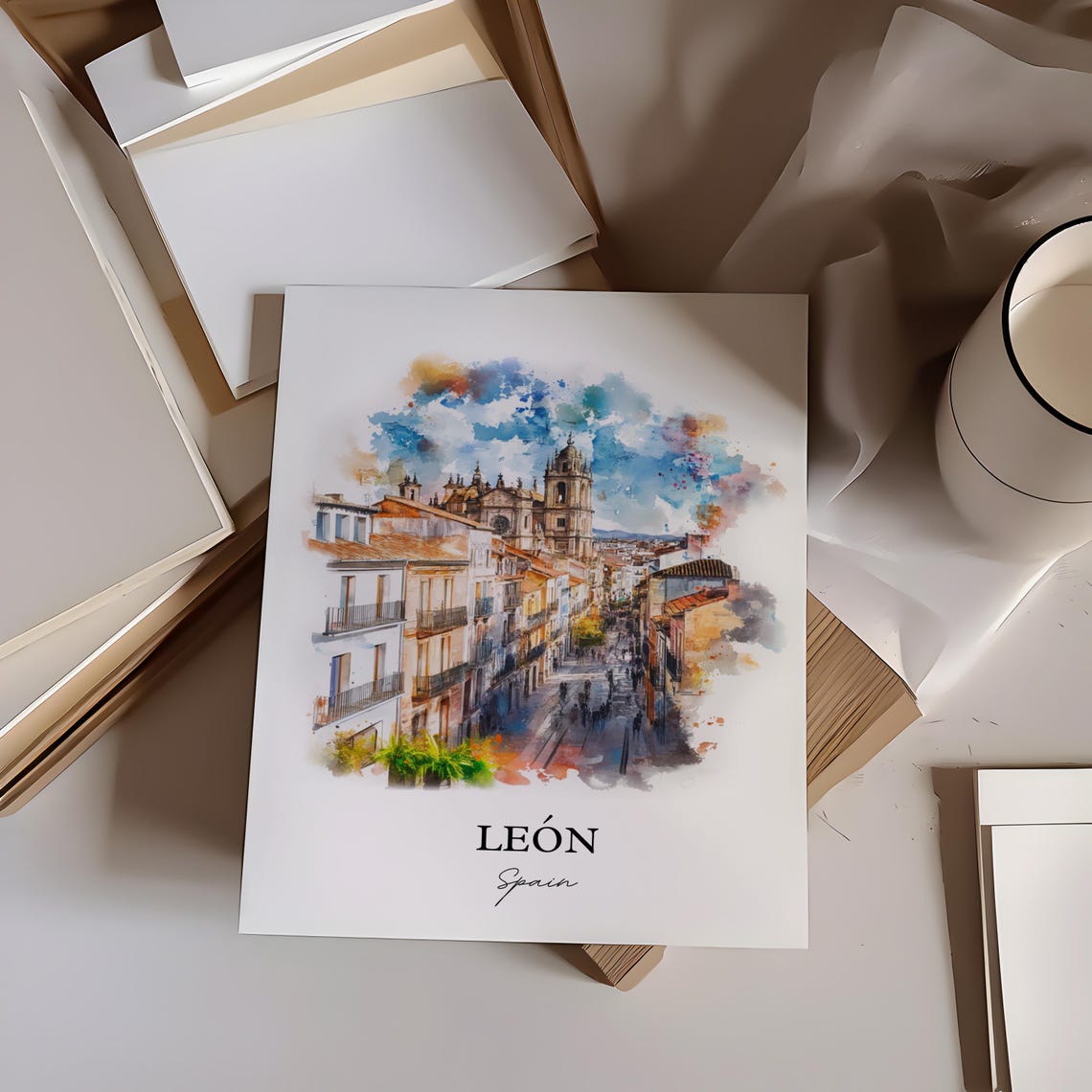 León Spain Gothic Cathedral City Street Watercolor Travel Poster - Image 4