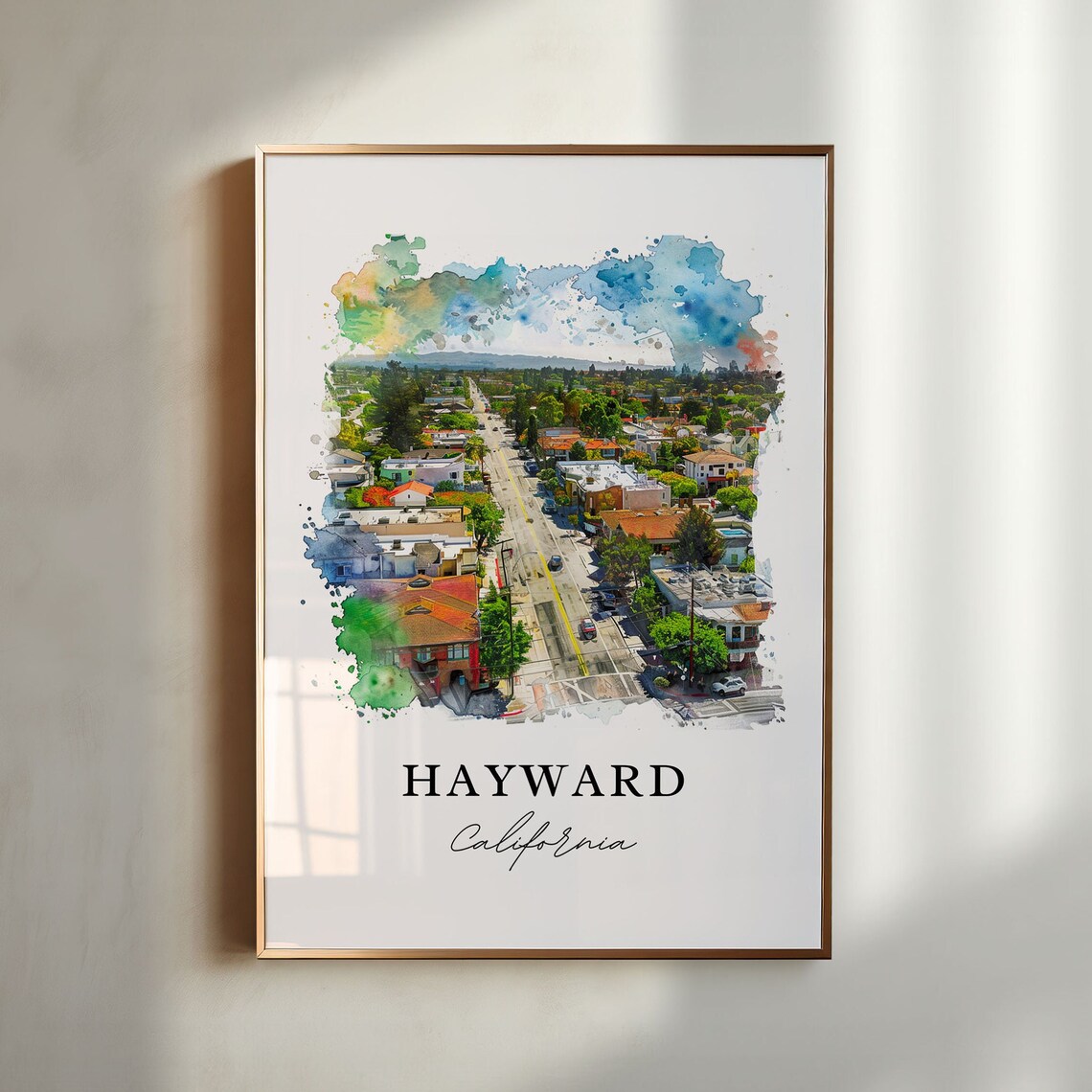 Hayward California City Aerial Street Watercolor Travel Poster