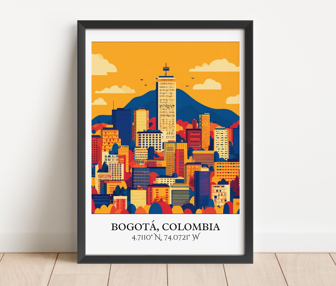 Bogota Colombia Mountain Skyline Golden Orange Travel Poster