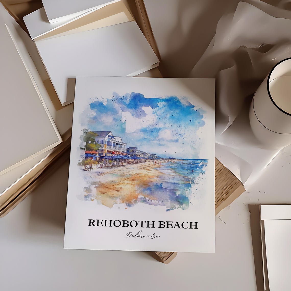 Rehoboth Beach Delaware Watercolor Beach Boardwalk Scene Poster - Image 2