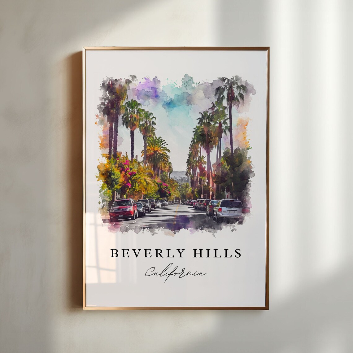 Beverly Hills California Palm Lined Street Watercolor Travel Poster