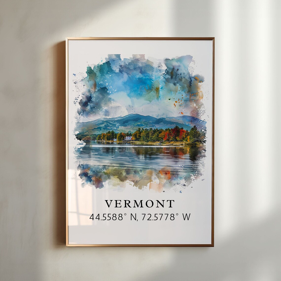 Vermont Lake Mountains Coordinates Watercolor Travel Art Print