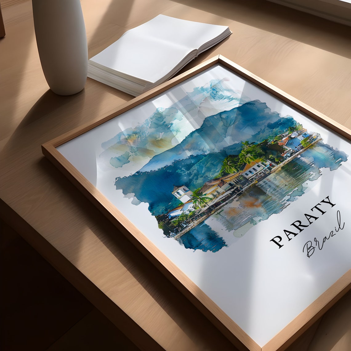 Paraty Brazil Coastal Town Bay Mountain Reflection Watercolor Poster - Image 5