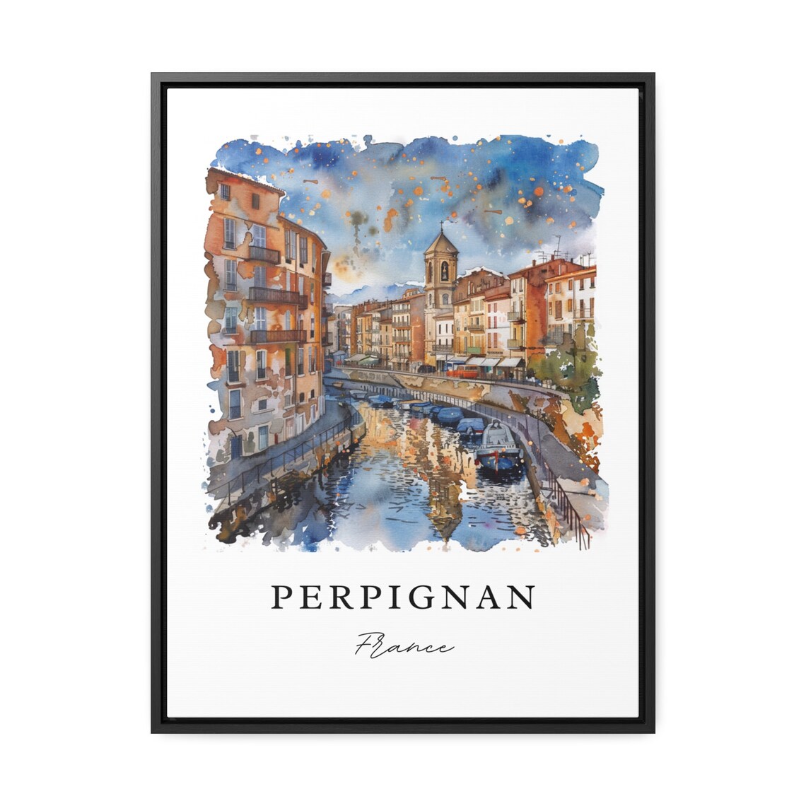 Perpignan France Canal Old Town Watercolor Minimalist Travel Poster - Image 2
