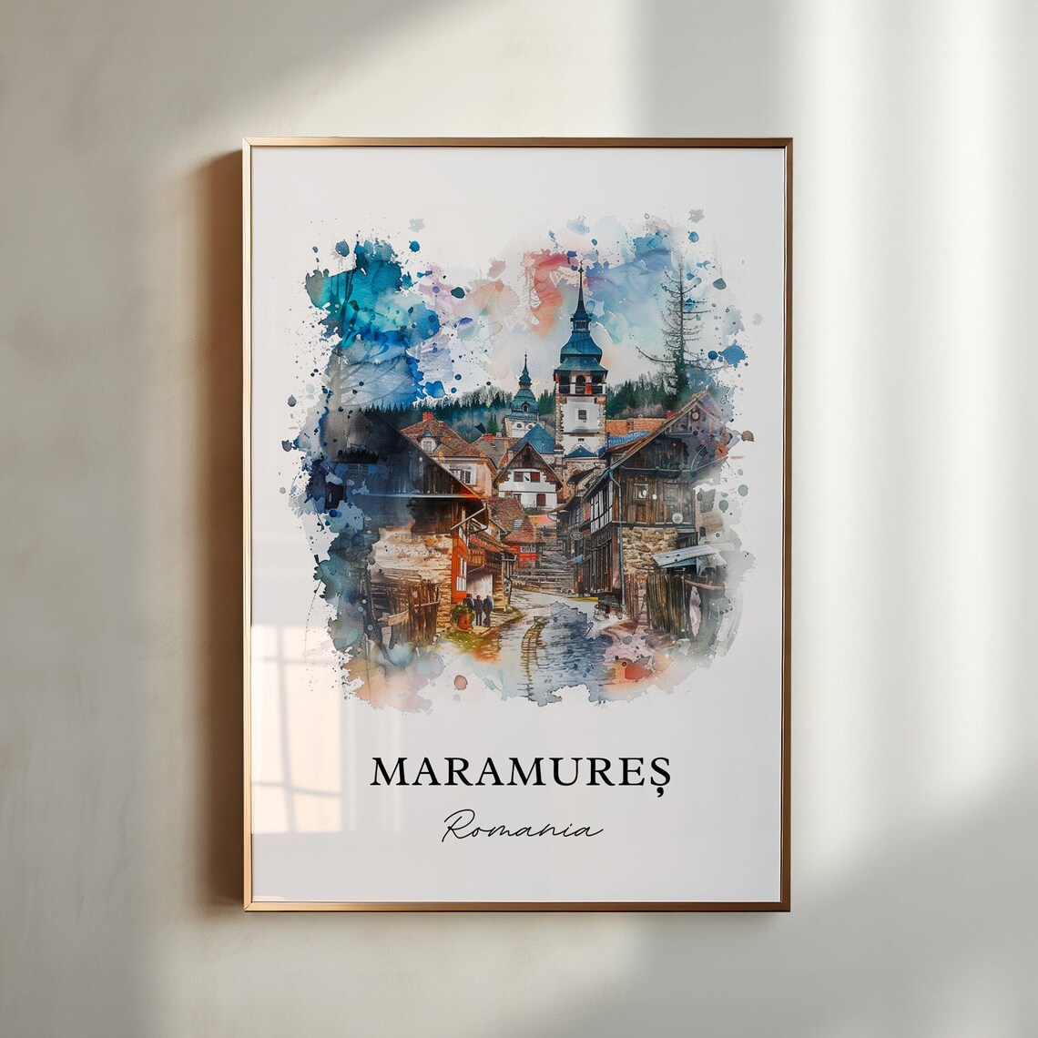 Maramures Romania Watercolor Village Street Tall Church Spire Poster