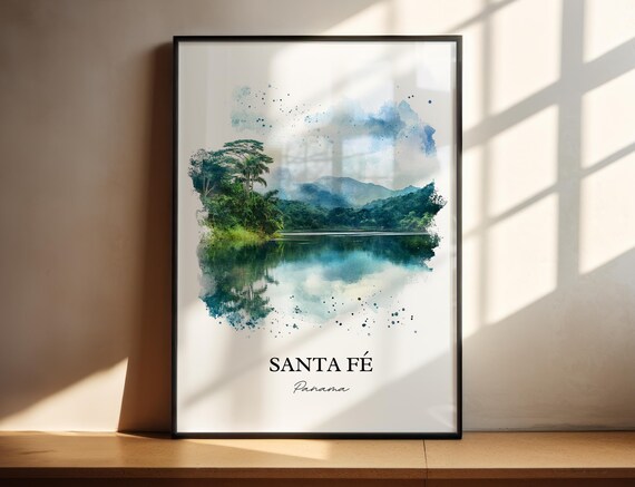 Santa Fe Panama Watercolor Mountain Lake Reflection Travel Poster