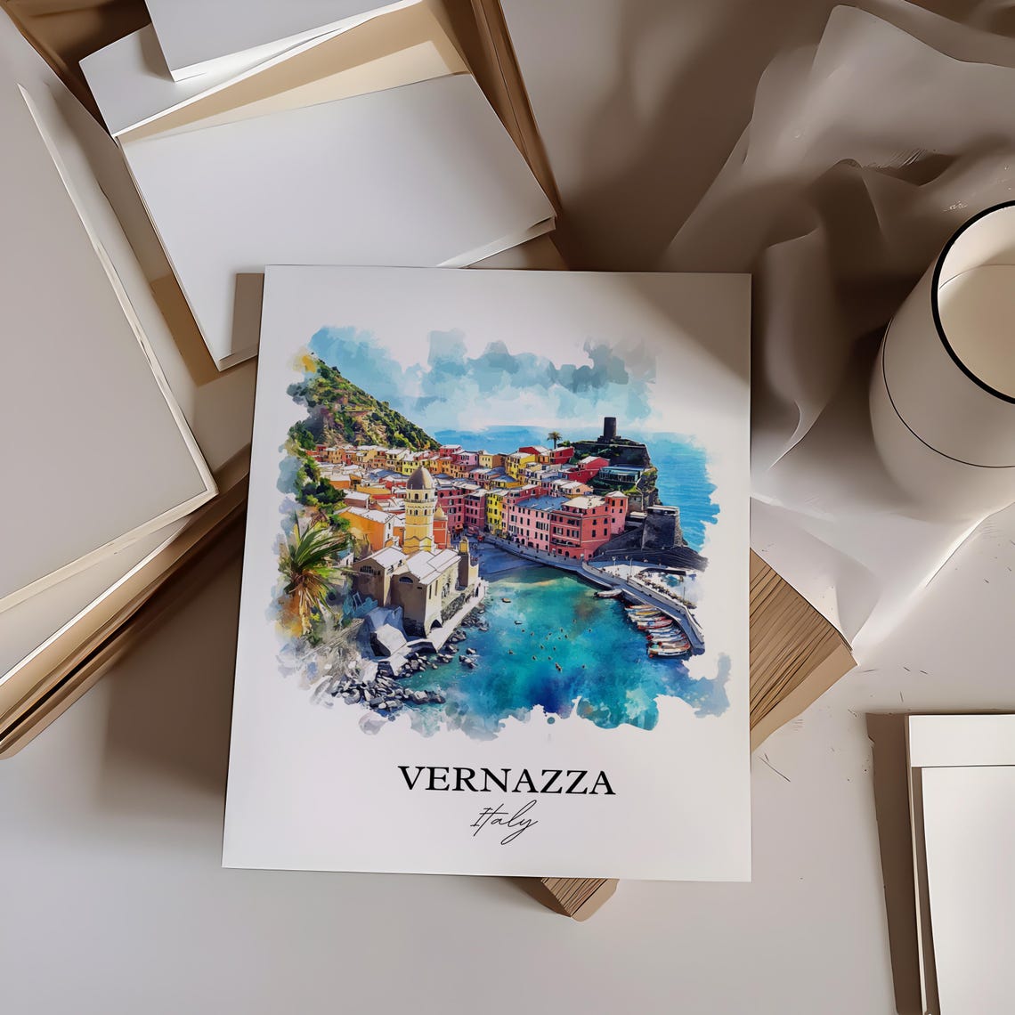 Vernazza Cinque Terre Harbor Coast Watercolor Italy Travel Poster - Image 3