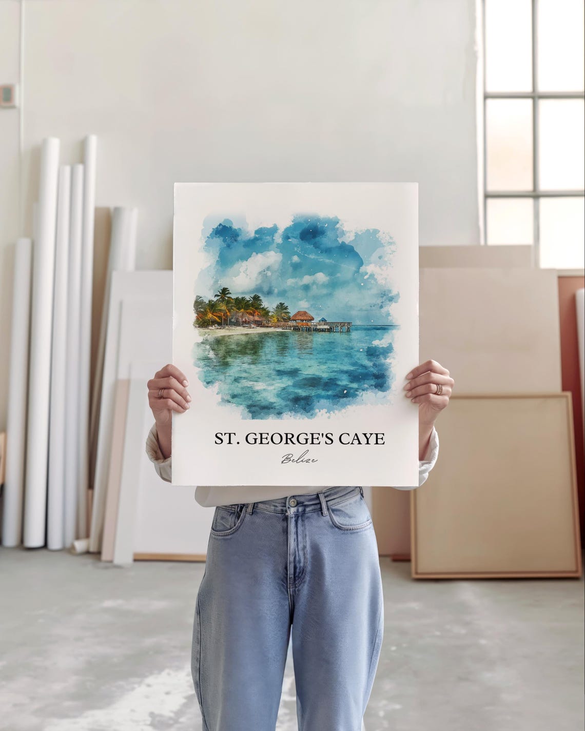 St Georges Caye Belize Beach Watercolor Tropical Ocean Scene Poster - Image 4
