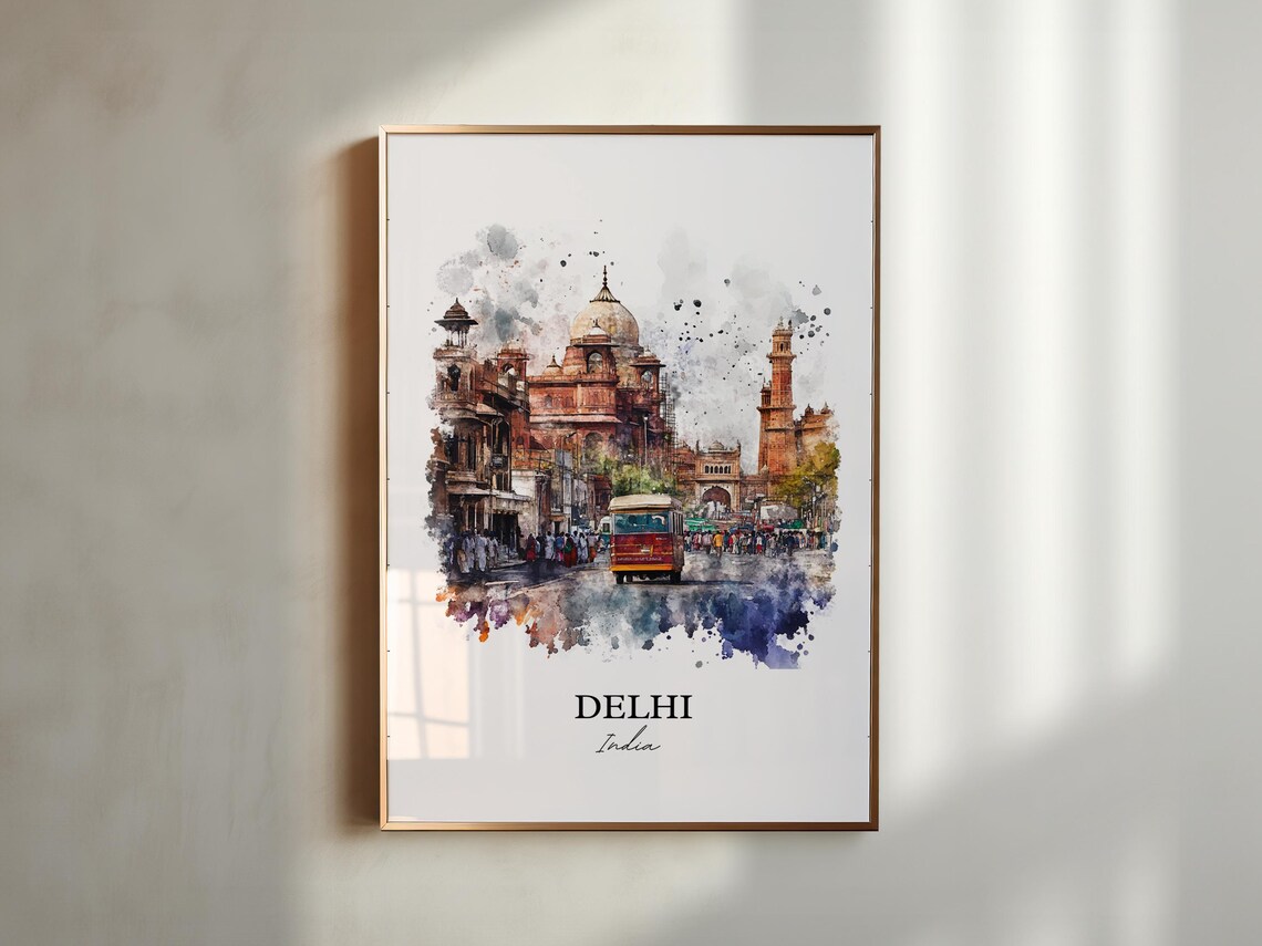 Delhi India Old City Mosque Busy Street Watercolor Travel Poster - Image 5