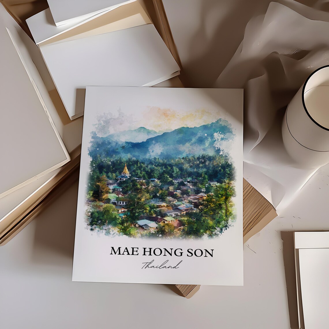 Mae Hong Son Thailand Watercolor Mountain Town Temple Art Poster - Image 6
