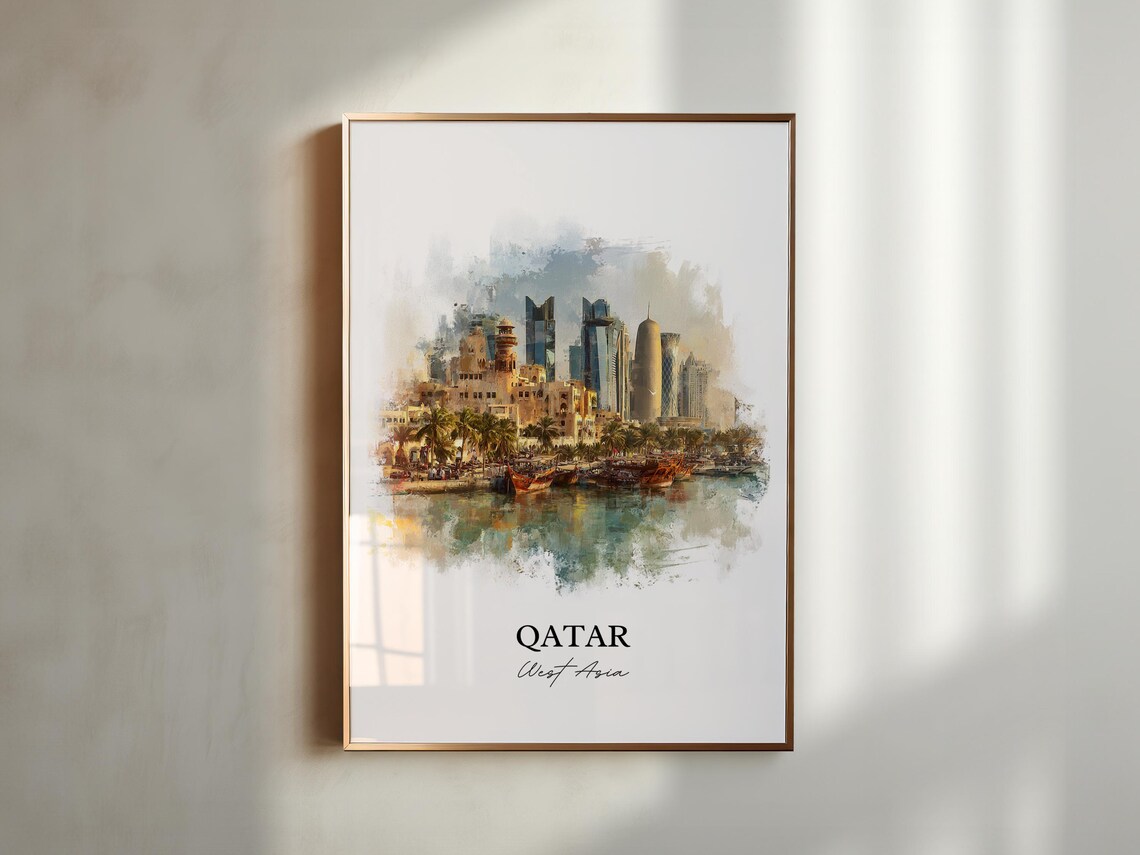 Qatar West Asia Waterfront Skyline Dhow Boats Watercolor Travel Poster - Image 5