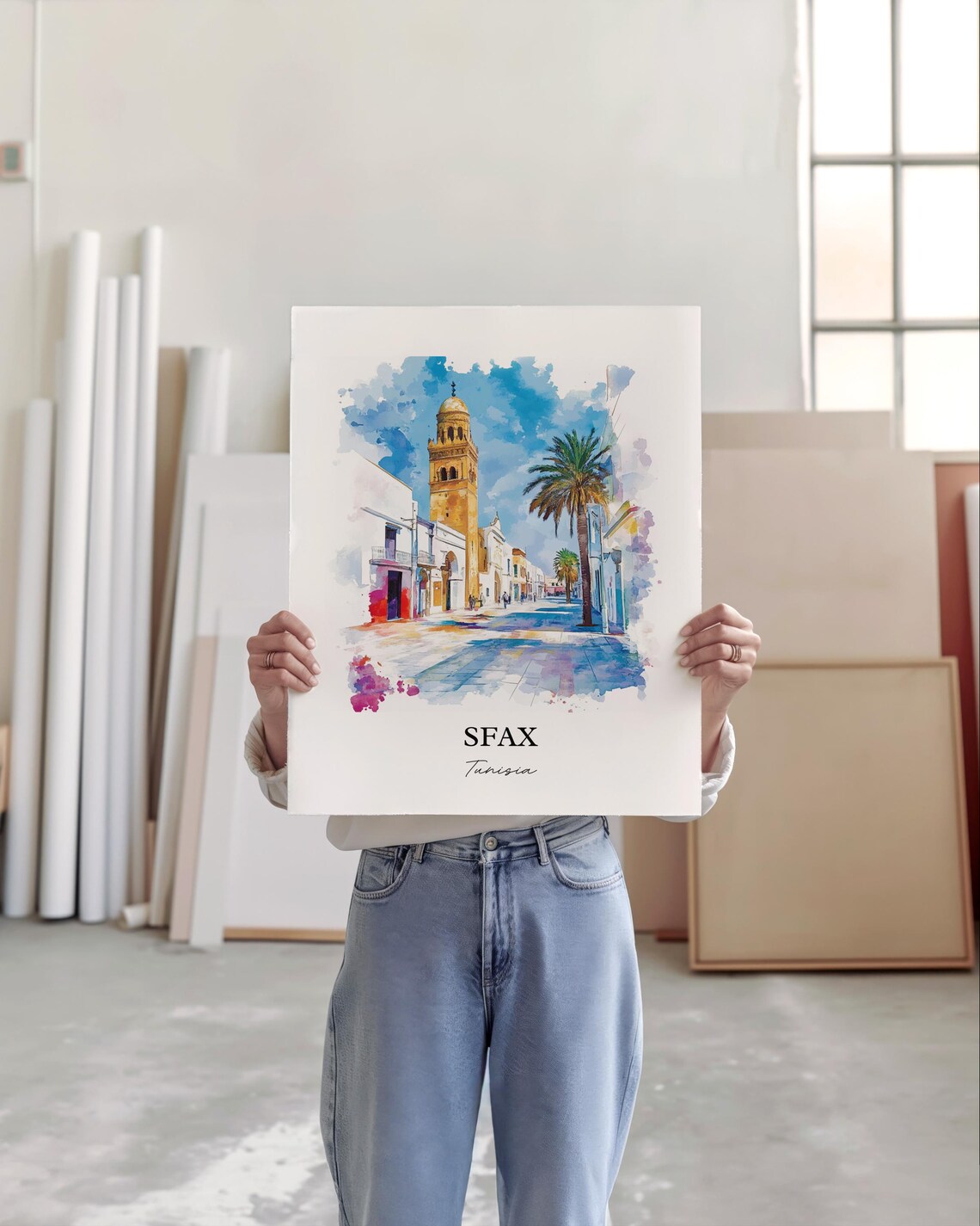 Sfax Tunisia Sunny Old Medina Street Watercolor Travel Art Poster - Image 5