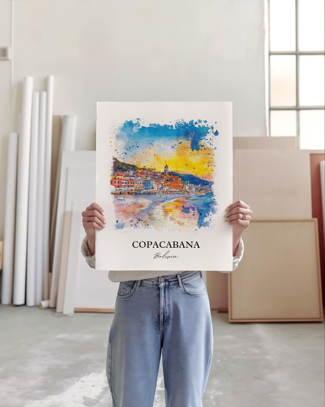 Copacabana Bolivia Lake Titicaca Watercolor Sunset Travel Poster - Image 3