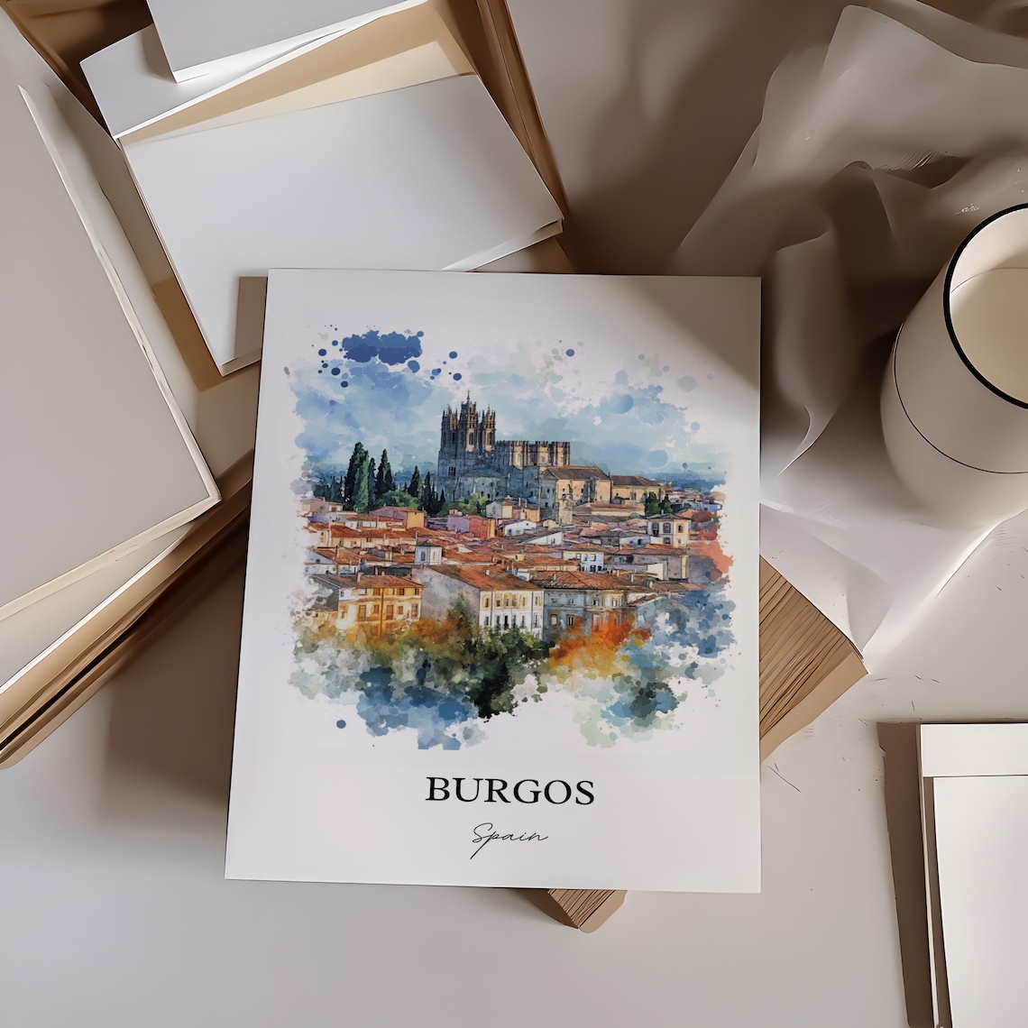Burgos Spain Gothic Cathedral Rooftops Watercolor Travel Poster - Image 2