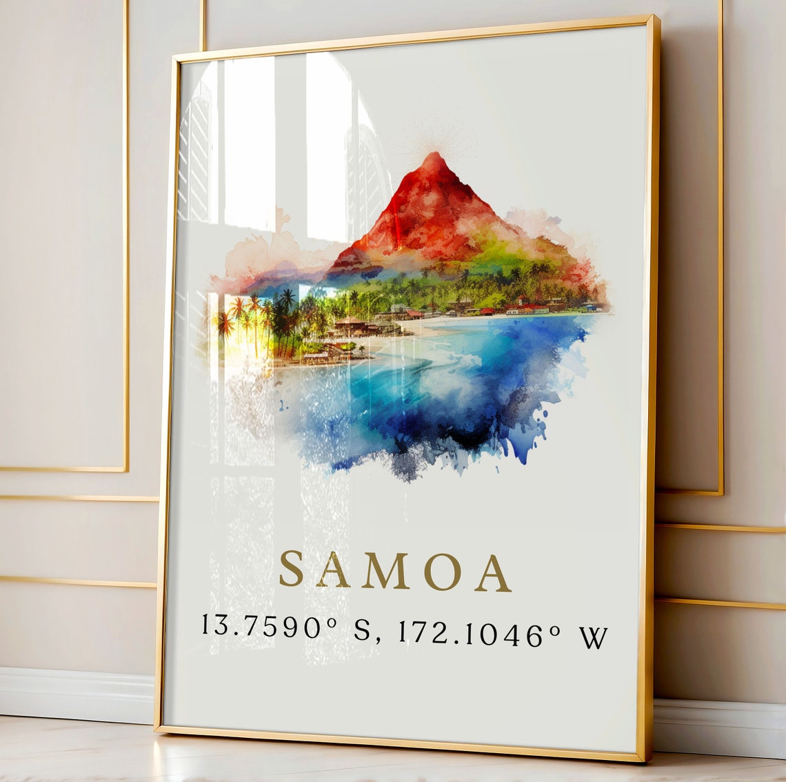 Samoa Island Volcano Coast Coordinates Minimalist Watercolor Print - Image 4