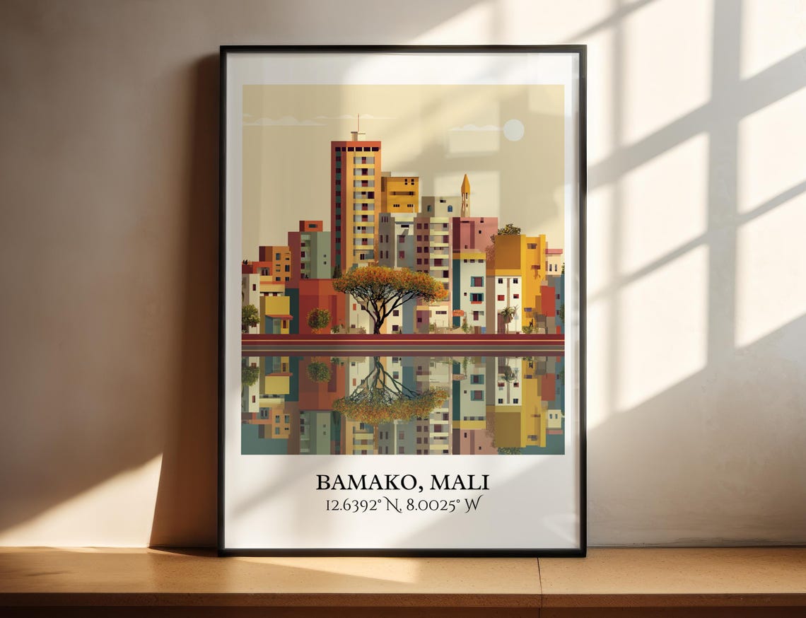 Bamako Mali Riverside Skyline Warm Sunset Retro Travel Poster