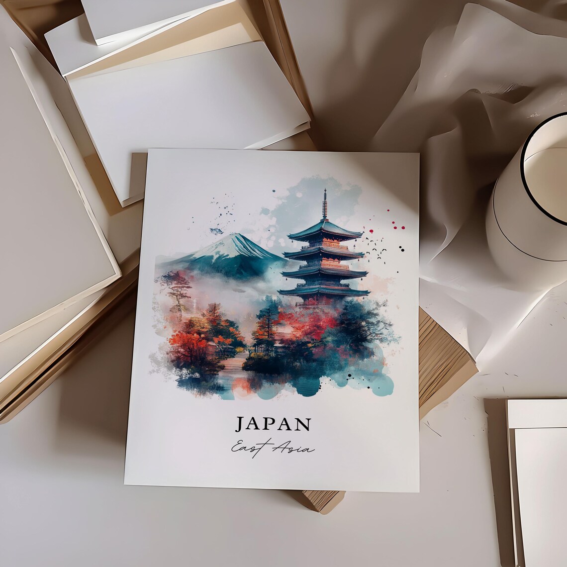 Japan Watercolor Art Mount Fuji Pagoda Autumn Foliage Poster - Image 6