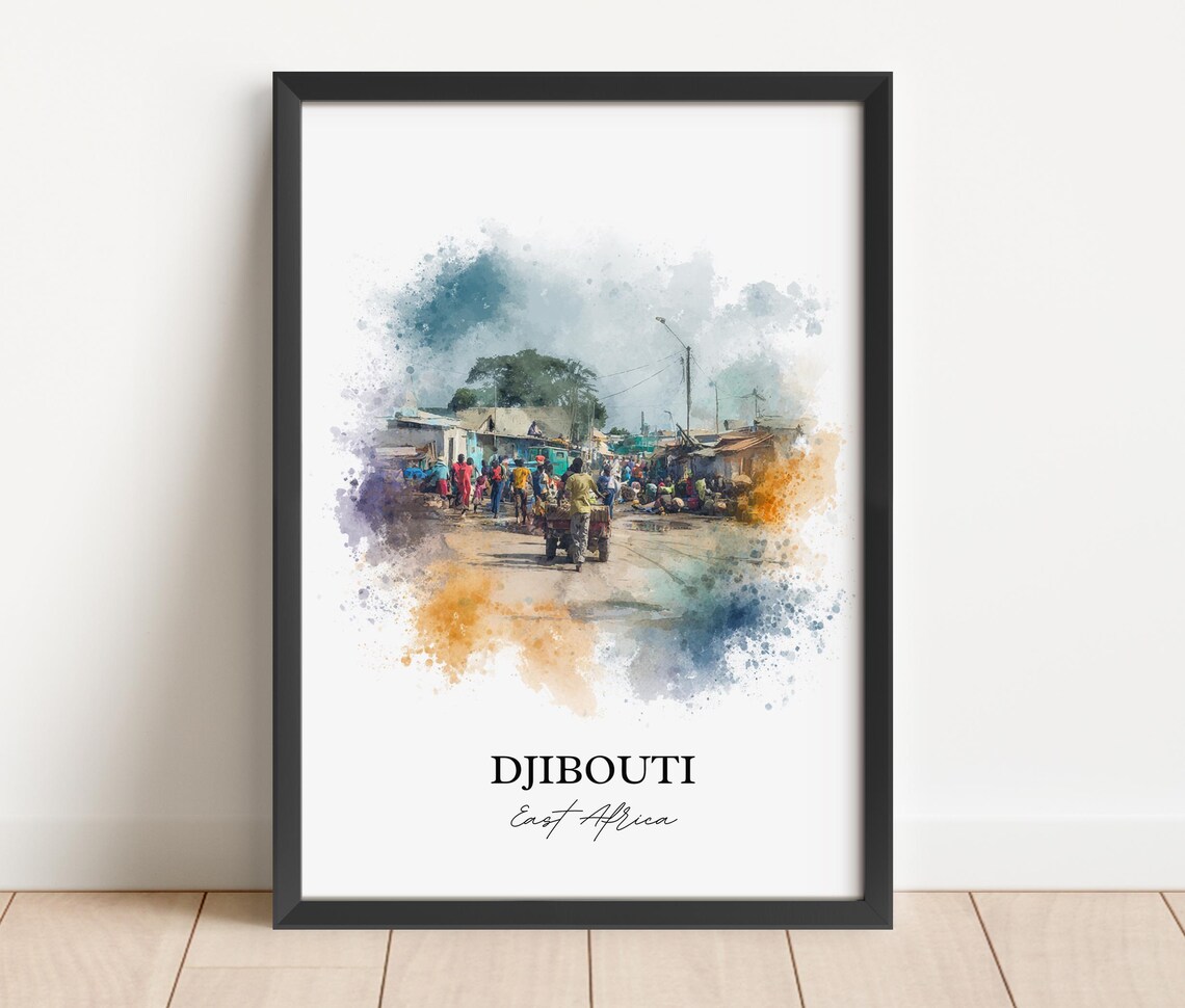 Djibouti East Africa Bustling Market Street Watercolor Travel Poster - Image 4