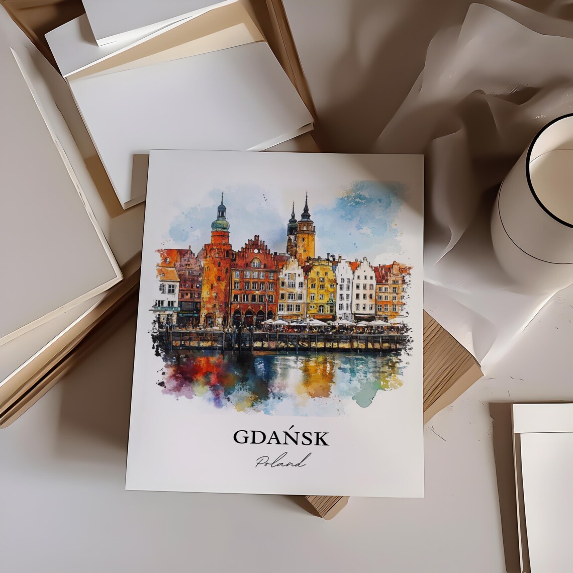 Gdansk Poland Watercolor Colorful Waterfront Houses Travel Poster - Image 4