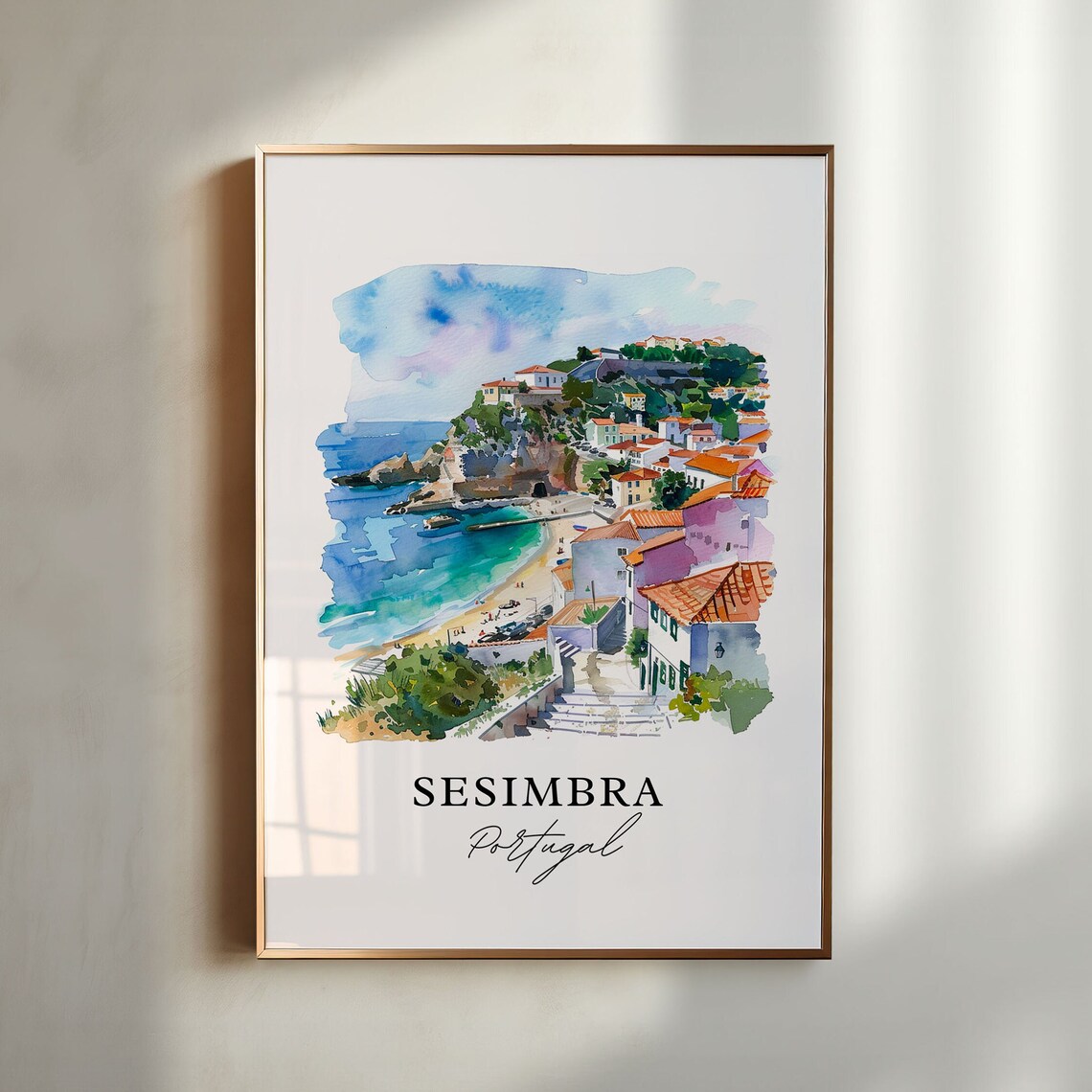 Sesimbra Portugal Coastal Beach Town Watercolor Cliffside Poster