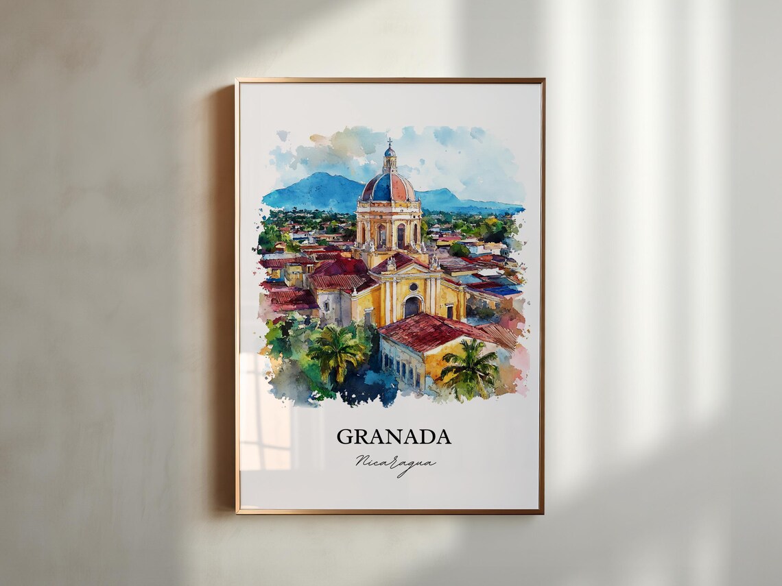 Granada Nicaragua Colonial Cathedral Aerial Watercolor Travel Poster - Image 3