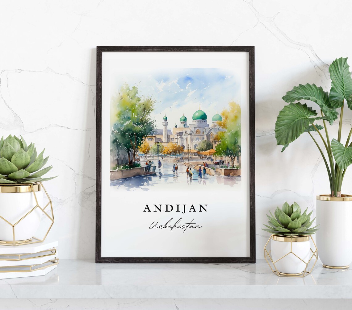 Andijan Uzbekistan Watercolor Green Domed Mosque Plaza Poster - Image 4