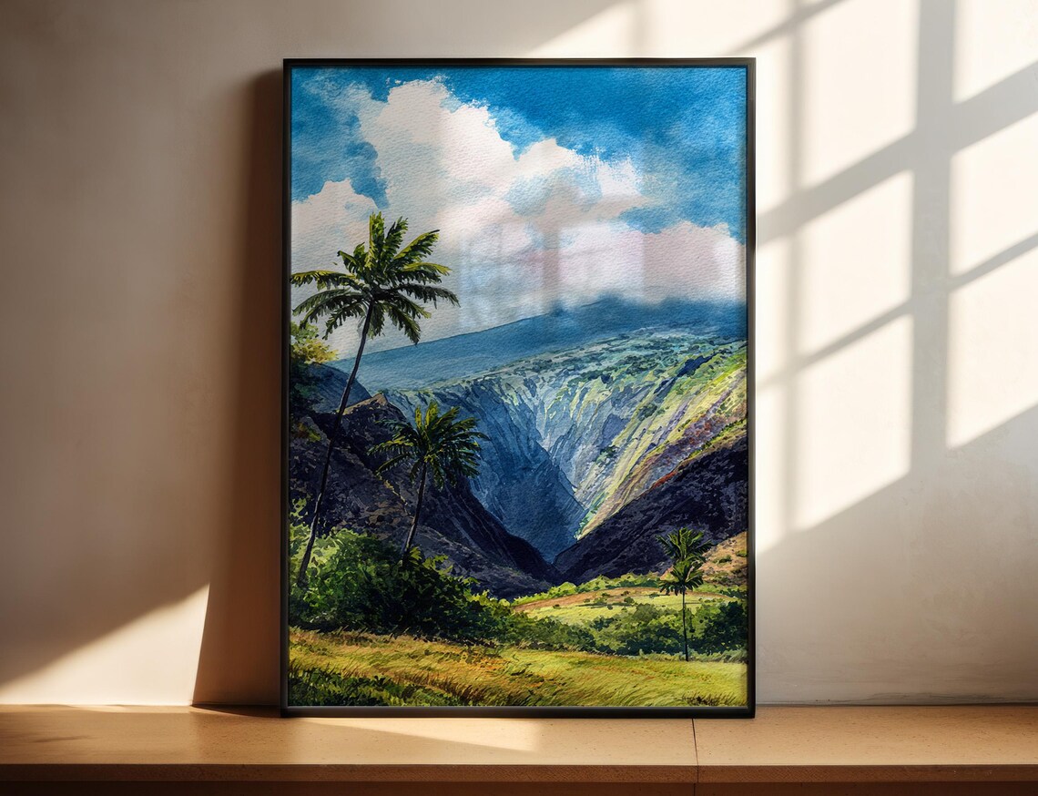 Hawaii Tropical Volcanic Valley Palm Trees Watercolor Poster