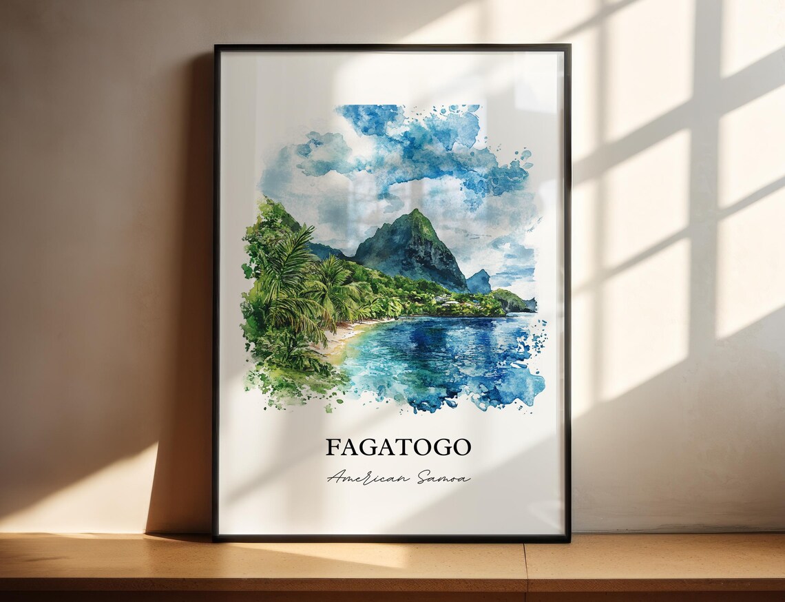 Fagatogo American Samoa Lush Peaks Bay Palm Watercolor Poster
