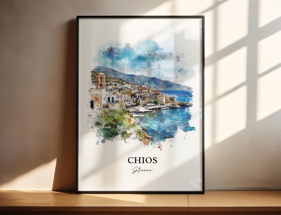 Chios Greece Watercolor Coastal Harbor Church Seaside Town Poster