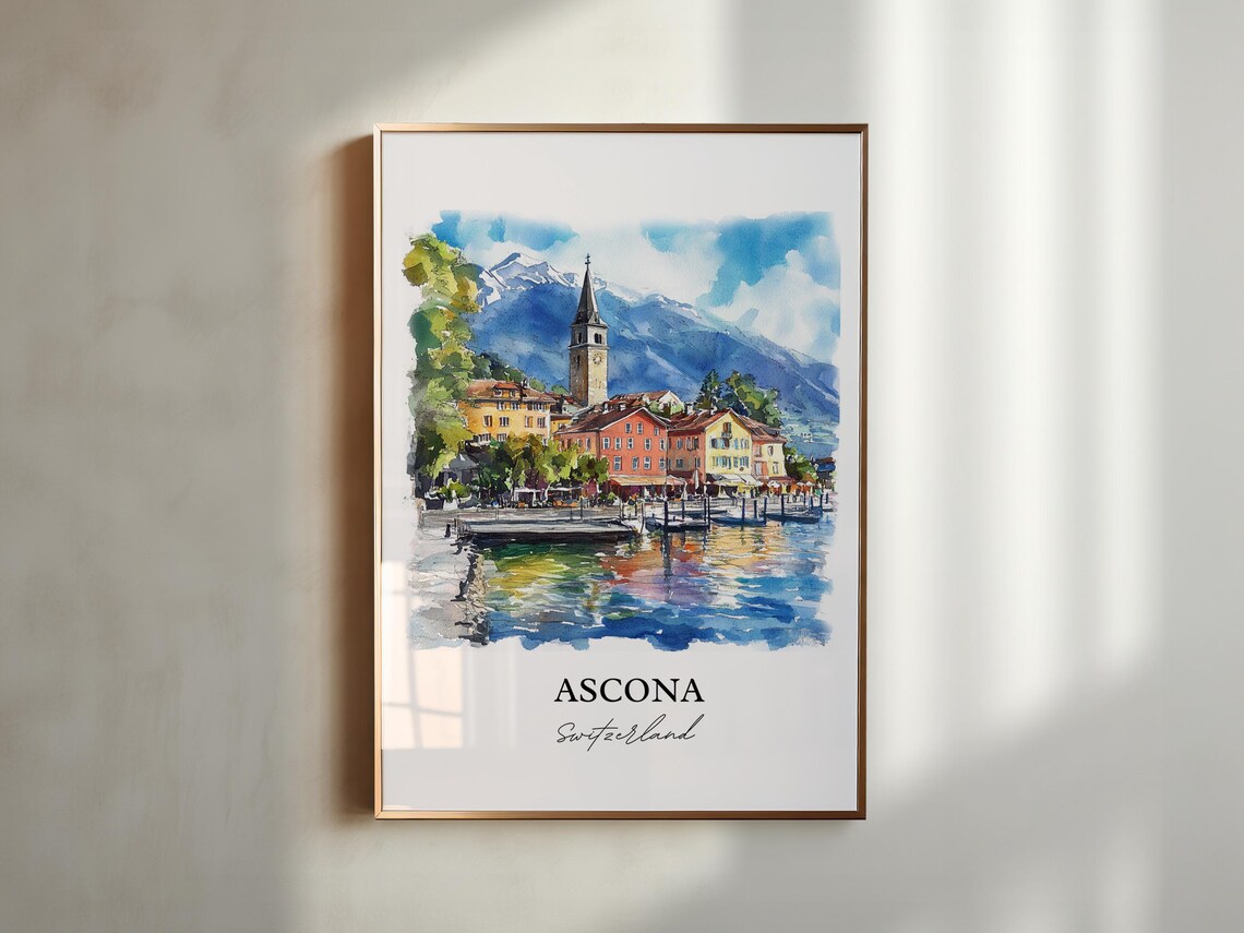 Ascona Switzerland Lakefront Bell Tower Watercolor Travel Poster - Image 3