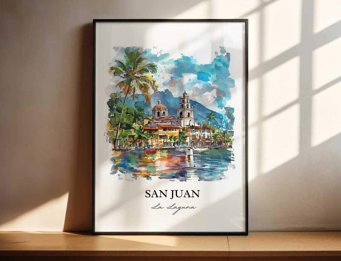 San Juan La Laguna Guatemala Lakeside Church Watercolor Poster