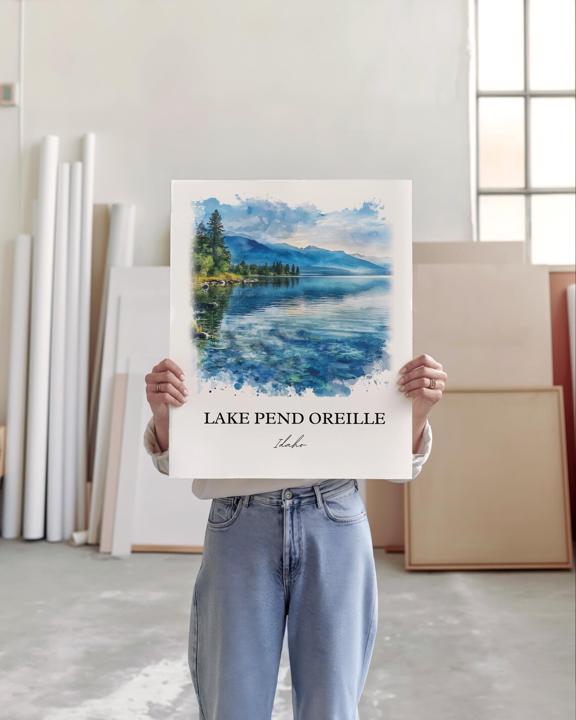 Lake Pend Oreille Idaho Watercolor Lake Landscape Travel Poster - Image 5