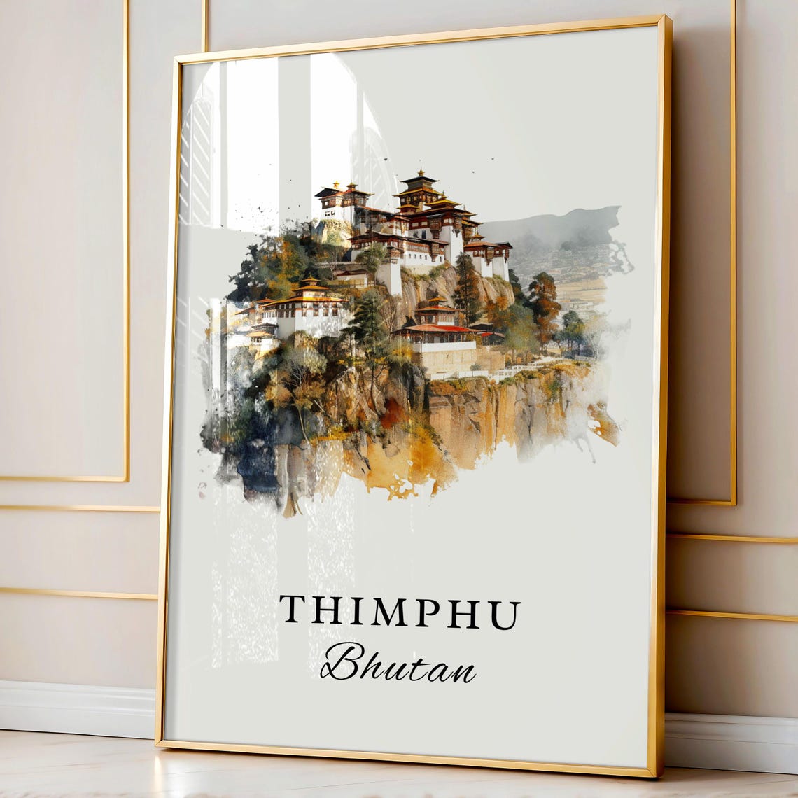 Thimphu Bhutan Watercolor Cliff Monastery Mountain Retreat Poster