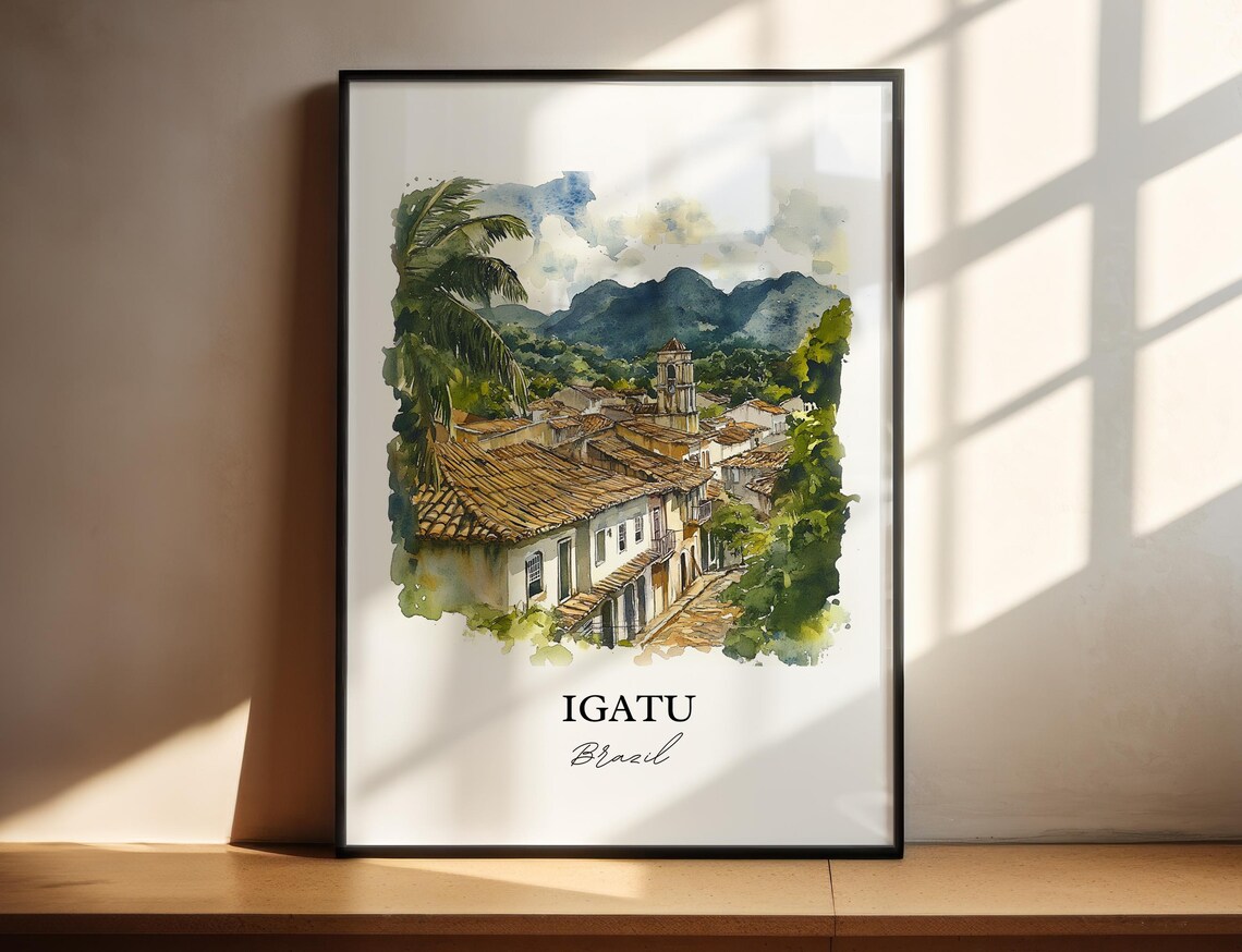 Igatu Brazil Colonial Street Church Tower Mountain Watercolor Poster