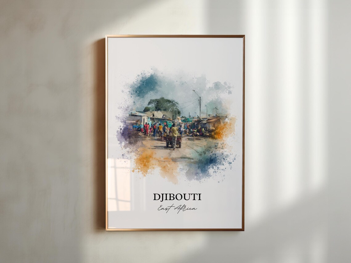 Djibouti East Africa Bustling Market Street Watercolor Travel Poster - Image 5