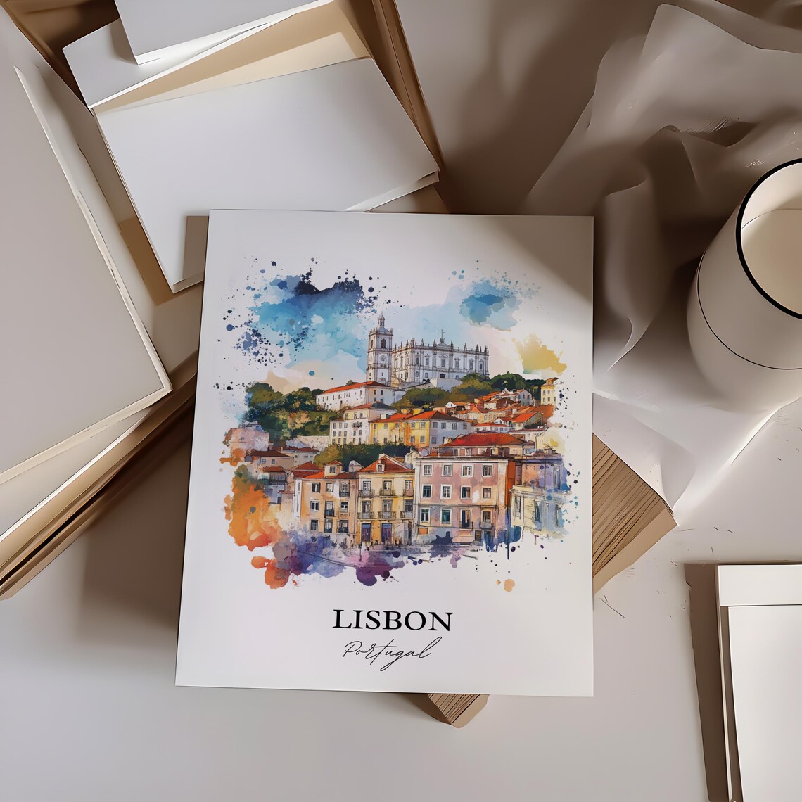 Lisbon Portugal Hillside Alfama Church Watercolor Travel Poster - Image 4
