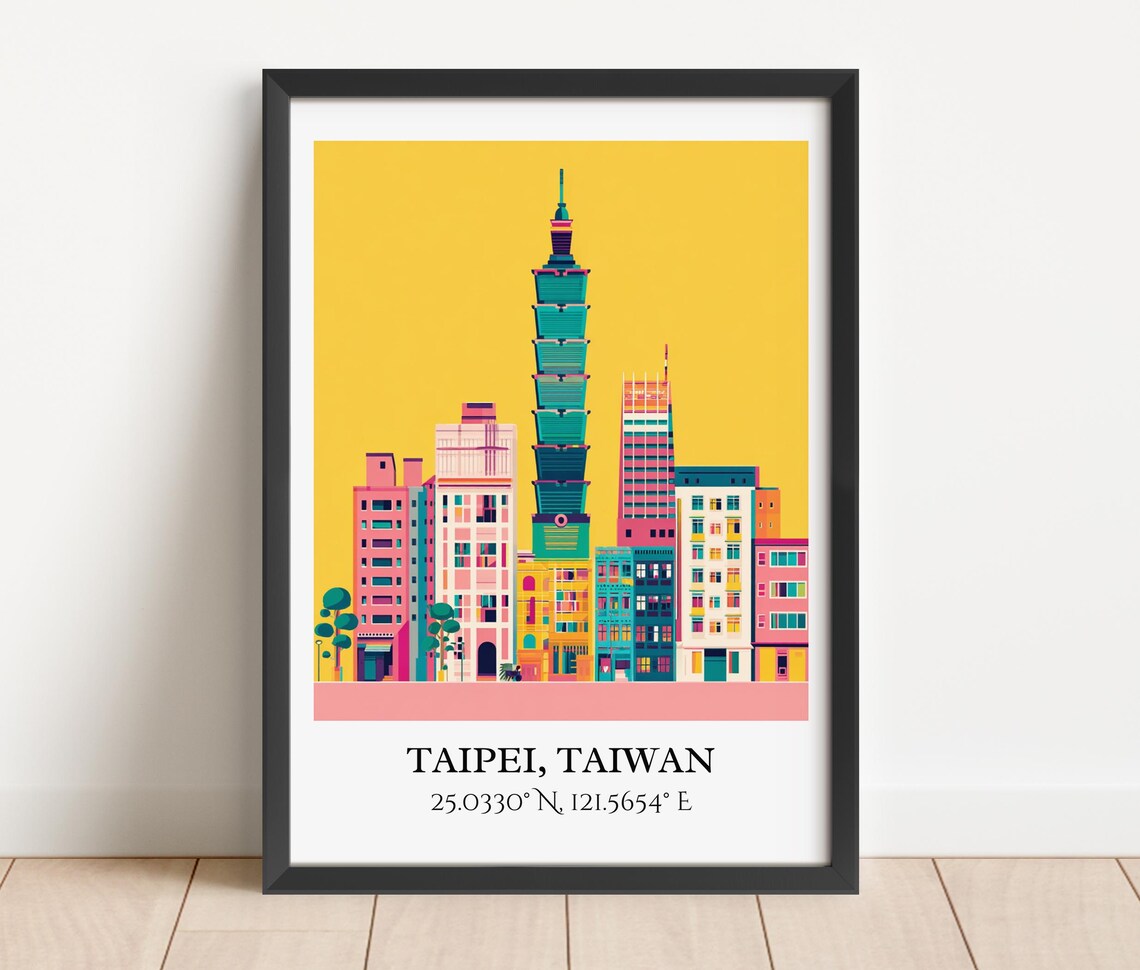 Taipei Taiwan Iconic 101 Tower Mustard Sky Retro Travel Art Poster - Image 3