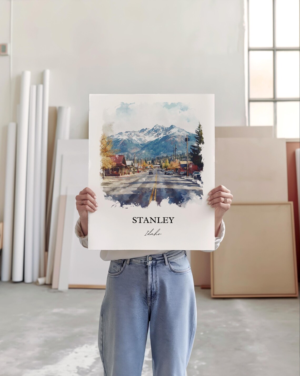 Stanley Idaho Main Street Sawtooth Mountains Watercolor Travel Poster - Image 3