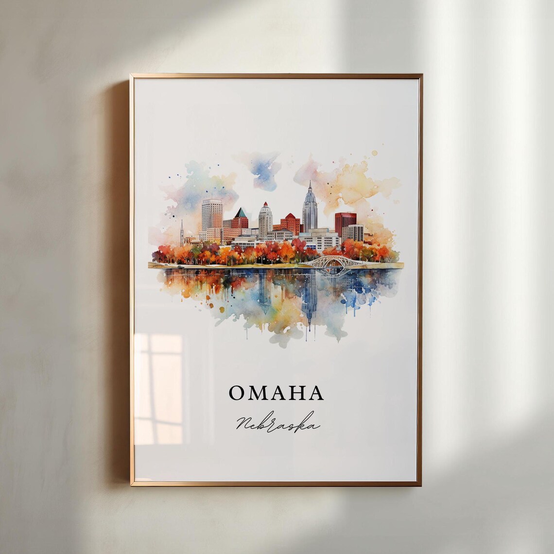 Omaha, Nebraska Cityscape Art Print, Custom Text