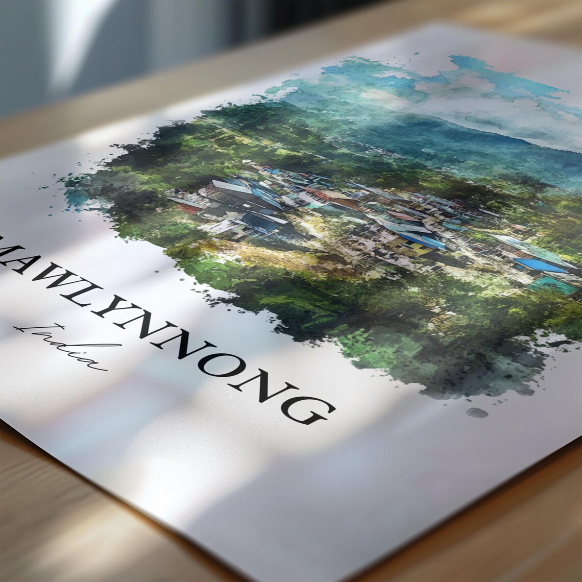 Mawlynnong India Watercolor Hillside Village Green Hills Poster - Image 6
