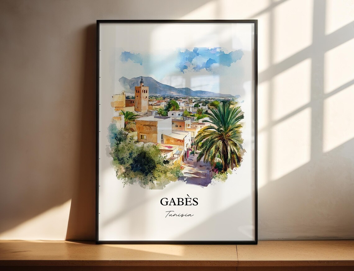 Gabes Tunisia Watercolor Old Town Minaret Palms Scene Poster