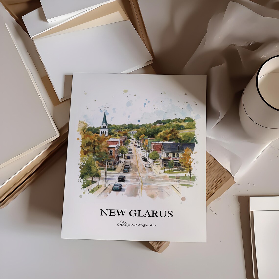 New Glarus Wisconsin Small Town Aerial Watercolor Travel Gift Poster - Image 2