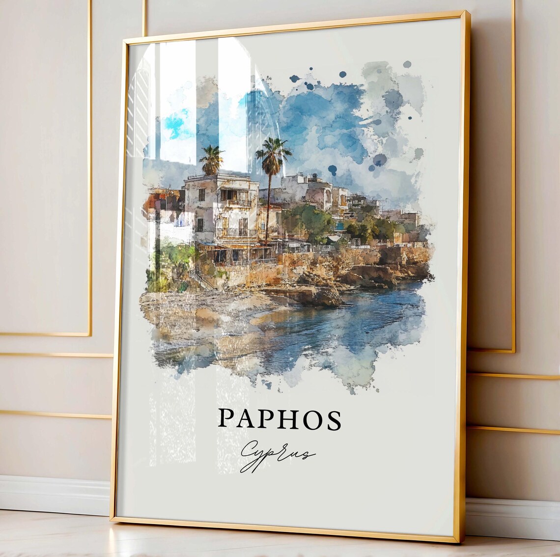 Paphos Cyprus Coastal Old Town Palms Rocky Shoreline Watercolor Poster - Image 2