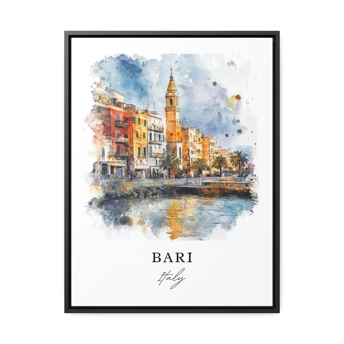 Bari Italy Watercolor Waterfront Palms Church Tower Puglia Poster - Image 3