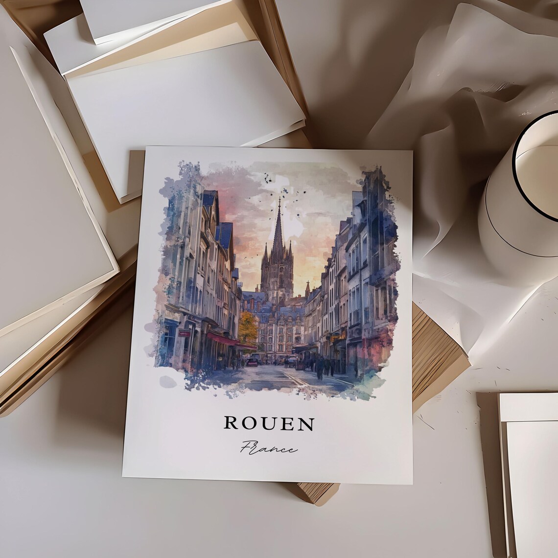 Rouen France Watercolor Cathedral Street Scene Travel Poster - Image 6