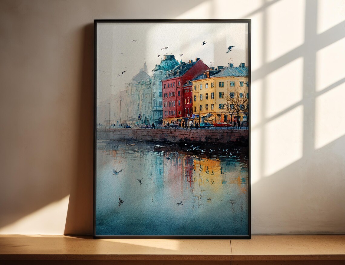 Gothenburg Sweden Watercolor Harbor Colorful Waterfront Scene Poster