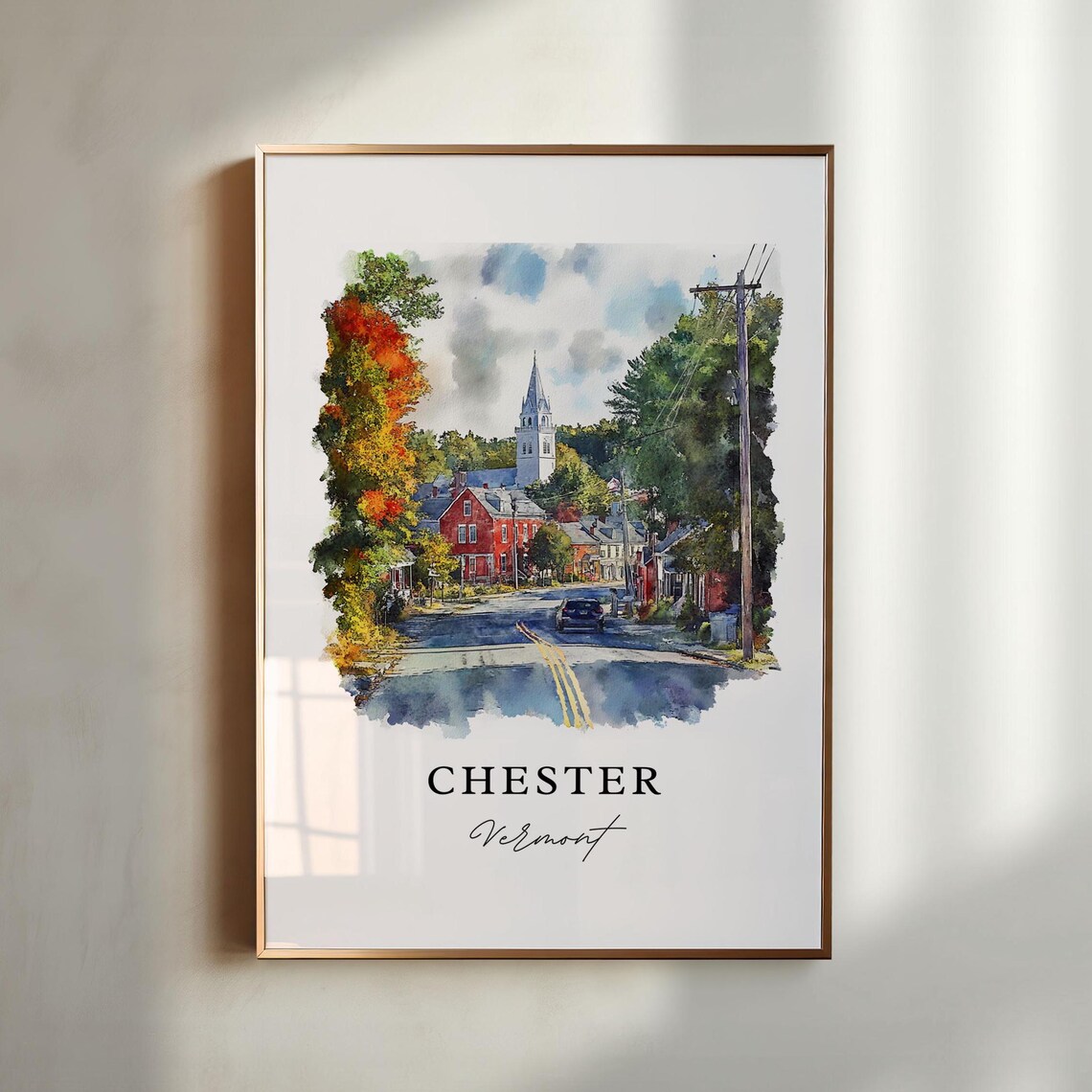 Chester Vermont Watercolor Street Church Steeple Autumn Scene Print