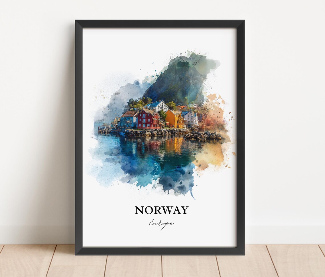 Norway Fishing Village Colorful Cabins Watercolor Fjord Poster - Image 4