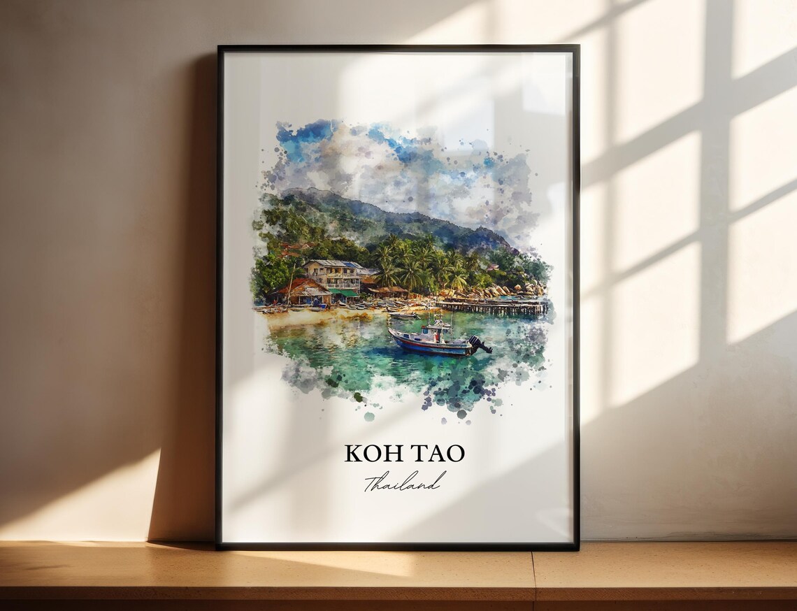 Koh Tao Thailand Watercolor Tropical Beach Fishing Boat Art Poster - Image 3